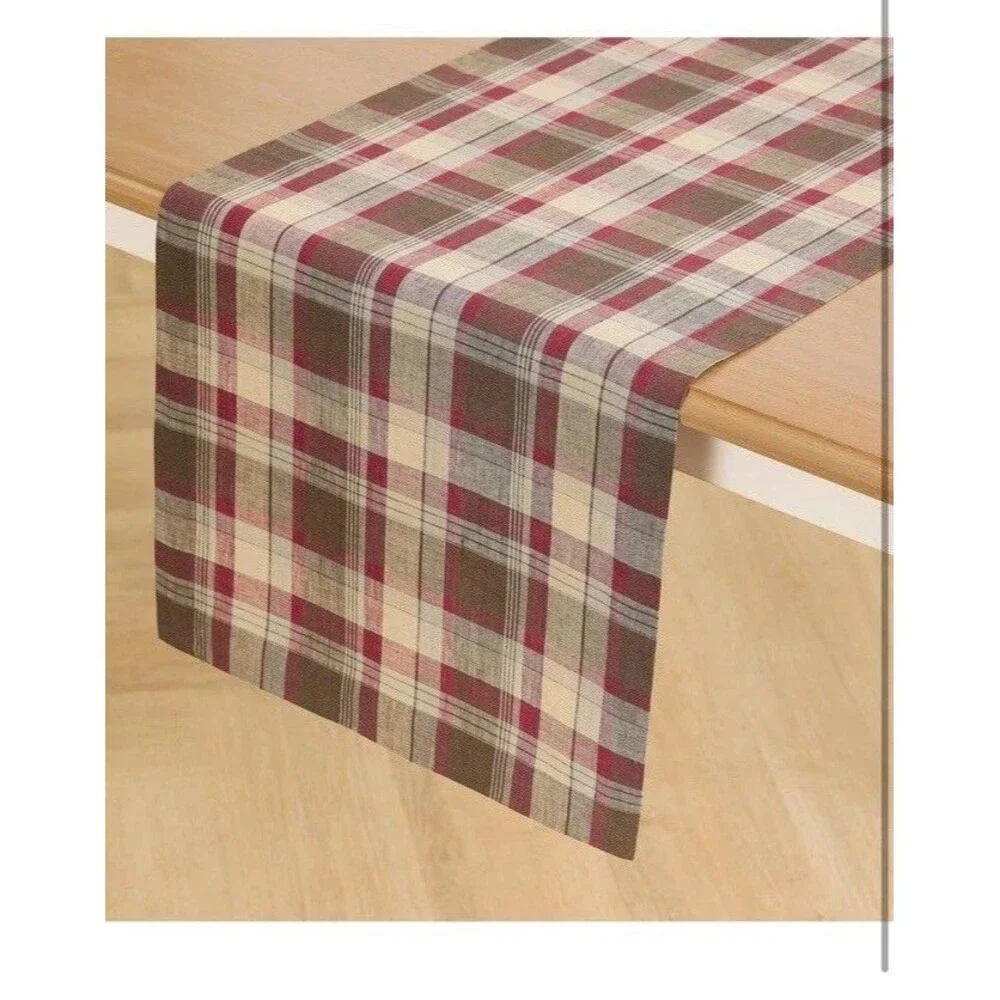 Solino Home 100% Pure Linen Table Runner Fall Dining Party Burgundy Plaid 14x60